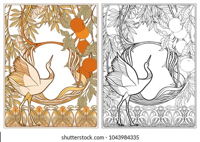 Poster, background with decorative flowers and bird in art nouveau style, vintage, old, retro style. Outline coloring page for the adult coloring book with colored sample
Stock vector illustration.