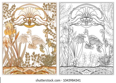 Poster, background with decorative flowers and bird in art nouveau style, vintage, old, retro style. Outline coloring page for the adult coloring book with colored sample
Stock vector illustration.