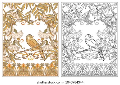 Poster, background with decorative flowers and bird in art nouveau style, vintage, old, retro style. Outline coloring page for the adult coloring book with colored sample
Stock vector illustration.