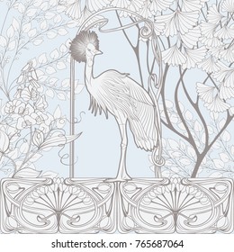 Poster, background with decorative flowers and bird in art nouveau style. In vintage blue color.
Vector illustration.