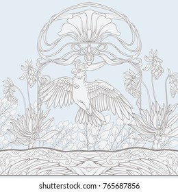 Poster, background with decorative flowers and bird in art nouveau style. In vintage blue color.
Vector illustration.