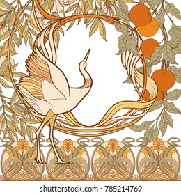 Poster, background with decorative flowers and bird in art nouveau style, vintage, old, retro style. Stock vector illustration. 