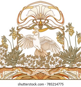 Afiche, fondo con flores decorativas y pájaro en estilo Art Nouveau, vintage, viejo, estilo retro. Ilustración vectorial de material. 