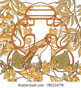 Poster, background with decorative flowers and bird in art nouveau style, vintage, old, retro style. Stock vector illustration. 