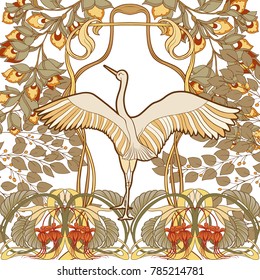Poster, background with decorative flowers and bird in art nouveau style, vintage, old, retro style. Stock vector illustration. 