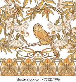 Poster, background with decorative flowers and bird in art nouveau style, vintage, old, retro style. Stock vector illustration. 