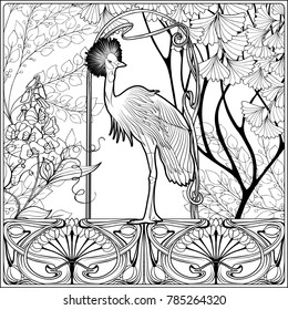 Poster, background with decorative flowers and bird in art nouveau style, vintage, modern, retro style. Outline coloring page for the adult coloring book. Vector illustration.