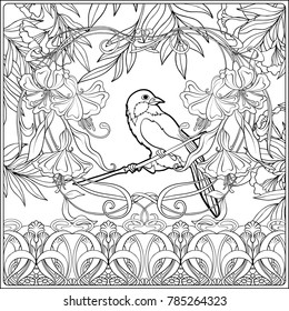 Poster, background with decorative flowers and bird in art nouveau style, vintage, modern, retro style. Outline coloring page for the adult coloring book. Vector illustration.