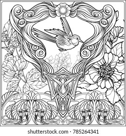 Poster, background with decorative flowers and bird in art nouveau style, vintage, modern, retro style. Outline coloring page for the adult coloring book. Vector illustration.