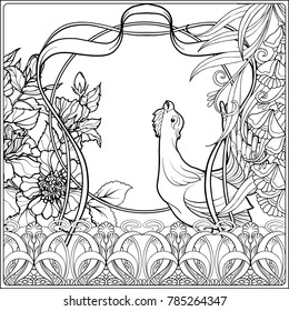 Poster, background with decorative flowers and bird in art nouveau style, vintage, modern, retro style. Outline coloring page for the adult coloring book. Vector illustration.