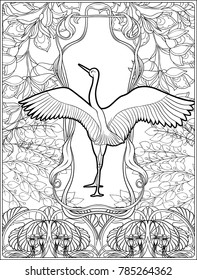 Poster, background with decorative flowers and bird in art nouveau style, vintage, modern, retro style. Outline coloring page for the adult coloring book. Vector illustration.