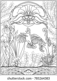 Poster, background with decorative flowers and bird in art nouveau style, vintage, modern, retro style. Outline coloring page for the adult coloring book. Vector illustration.