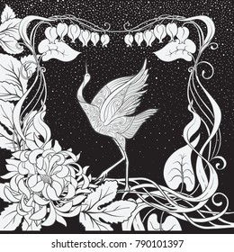 Poster, background with decorative flowers and bird in art nouveau style. Black-and-white graphics.
Vector illustration.