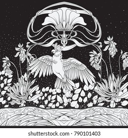 Poster, background with decorative flowers and bird in art nouveau style. Black-and-white graphics.
Vector illustration.