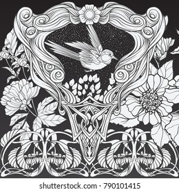 Poster, background with decorative flowers and bird in art nouveau style. Black-and-white graphics.
Vector illustration.