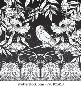 Poster, background with decorative flowers and bird in art nouveau style. Black-and-white graphics.
Vector illustration.