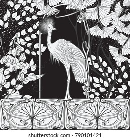 Poster, background with decorative flowers and bird in art nouveau style. Black-and-white graphics.
Vector illustration.