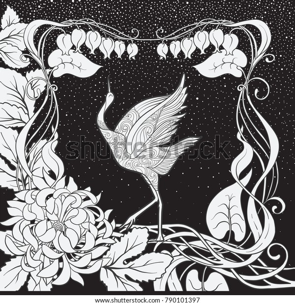 アール ヌーボー様式の花と鳥の装飾的な背景にポスター 白黒のグラフィック ベクターイラスト のベクター画像素材 ロイヤリティフリー