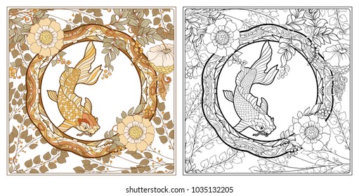 Poster, background with decorative flowers and carp fish in art nouveau style, vintage, old, retro style. Outline coloring page for the adult coloring book with colored sample
Vector illustration.