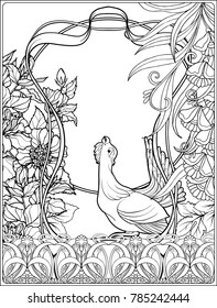 Poster, background with decorative flowers and carp fish in art nouveau style, vintage, old, retro style. Outline coloring page for the adult coloring book. Vector illustration.