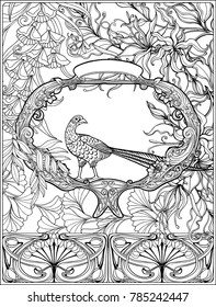 Poster, background with decorative flowers and carp fish in art nouveau style, vintage, old, retro style. Outline coloring page for the adult coloring book. Vector illustration.