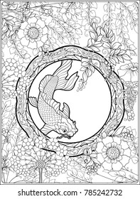 Poster, background with decorative flowers and carp fish in art nouveau style, vintage, old, retro style. Outline coloring page for the adult coloring book
Vector illustration.