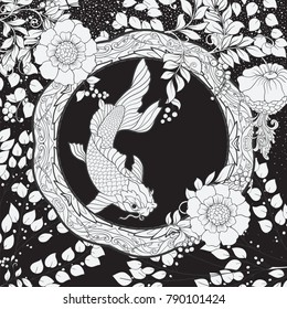 Poster, background with decorative flowers and carp  fish in art nouveau style.  Black-and-white graphics.
Vector illustration.