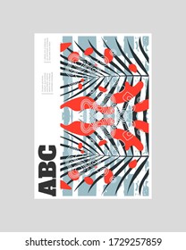 Poster background design. Colorful lines, spots, dypsis lutescens leaves and map texture. Decorative symmetric wallpaper, backdrop. Hand drawn texture, decor elements and shapes. Eps10 vector.