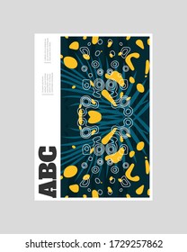 Diseño de fondo de afiche. Líneas coloridas, puntos, hojas de lutescens dypsis y textura de mapa. Fondo de pantalla simétrico decorativo, fondo. Textura dibujada a mano, elementos decorativos y formas. Vector Eps10.