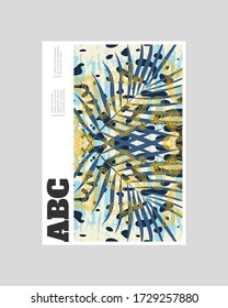 Poster background design. Colorful lines, spots, dypsis lutescens leaves and map texture. Decorative symmetric wallpaper, backdrop. Hand drawn texture, decor elements and shapes. Eps10 vector.