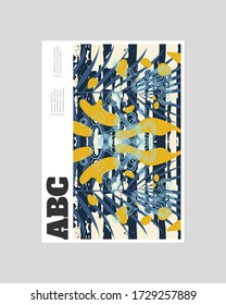 Poster background design. Colorful lines, spots, dypsis lutescens leaves and map texture. Decorative symmetric wallpaper, backdrop. Hand drawn texture, decor elements and shapes. Eps10 vector.