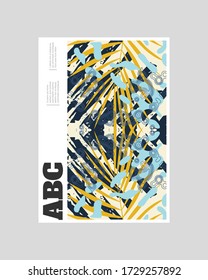 Diseño de fondo de afiche. Líneas coloridas, puntos, hojas de lutescens dypsis y textura de mapa. Fondo de pantalla simétrico decorativo, fondo. Textura dibujada a mano, elementos decorativos y formas. Vector Eps10.