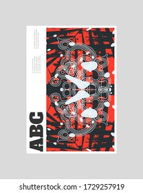 Poster-Hintergrunddesign. Farbige Linien, Flecken, Dypsis Lutescens Blätter und kartographische Textur. Dekorative symmetrische Tapete, Hintergrund. Handgezeichnete Textur, Dekorelemente und Formen. Eps10 Vektor.