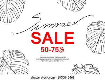 Poster Or Background Design For Sale Event In Simple Style With Space For Text. Banner Template For Summer Sale With Monstera Leaves Random On The Border.