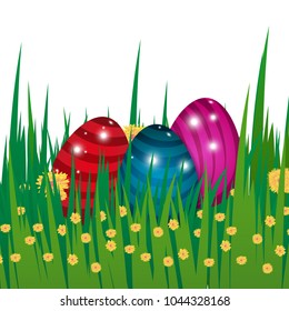 Poster or background Easter. Paschal template Card with eggs, grass and flowers. Vector illustration.