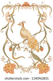 Poster, background with flowers and bird in art nouveau style, vintage, retro style. Vector illustration. Outline hand drawing. Good for coloring page for the adult coloring book with colored sample