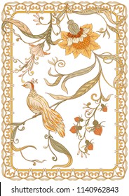 Poster, background with flowers and bird in art nouveau style, vintage, retro style. Vector illustration. Outline hand drawing. Good for coloring page for the adult coloring book with colored sample