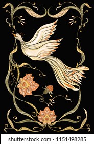 Poster, background with flowers and bird in art nouveau style, vintage, old, retro style. Stock vector illustration. On black background.