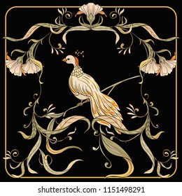 Poster, background with flowers and bird in art nouveau style, vintage, old, retro style. Stock vector illustration. On black background.