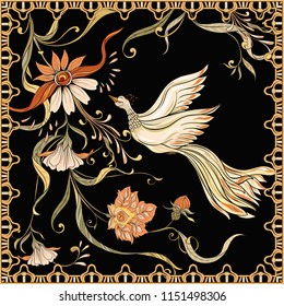 Poster, background with flowers and bird in art nouveau style, vintage, old, retro style. Stock vector illustration. On black background.