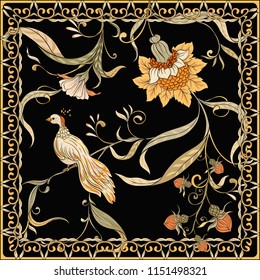 Poster, background with flowers and bird in art nouveau style, vintage, old, retro style. Stock vector illustration. On black background.