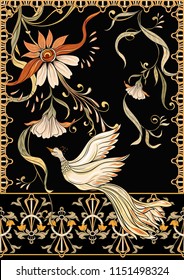 Poster, background with flowers and bird in art nouveau style, vintage, old, retro style. Stock vector illustration. On black background.