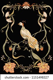 Poster, background with flowers and bird in art nouveau style, vintage, old, retro style. Stock vector illustration. On black background.