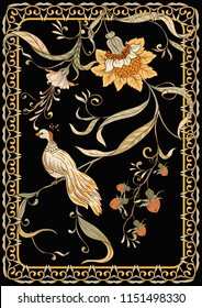 Poster, background with flowers and bird in art nouveau style, vintage, old, retro style. Stock vector illustration. On black background.