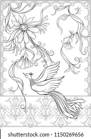 Poster, background with flowers and birds in art nouveau style, vintage, old, retro style. Stock vector illustration. Outline hand drawing. Good for coloring page for the adult coloring book.