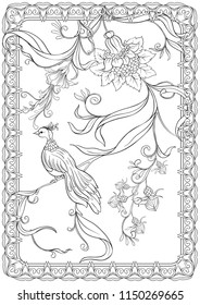Poster, background with flowers and birds in art nouveau style, vintage, old, retro style. Stock vector illustration. Outline hand drawing. Good for coloring page for the adult coloring book.