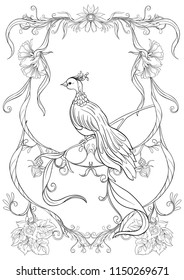 Poster, background with flowers and birds in art nouveau style, vintage, old, retro style. Stock vector illustration. Outline hand drawing. Good for coloring page for the adult coloring book.