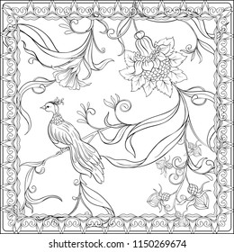 Poster, background with flowers and birds in art nouveau style, vintage, old, retro style. Stock vector illustration. Outline hand drawing. Good for coloring page for the adult coloring book.