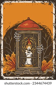 Poster background with Halloween lantern and fire candle and skeleton hand. Night flame for happy halloween party