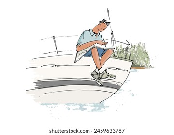 Poster or Background with hand drawn sailing boats and A guy sits on board a yacht and looks at a map for surface design and other design projects. Sailing and fishing concept